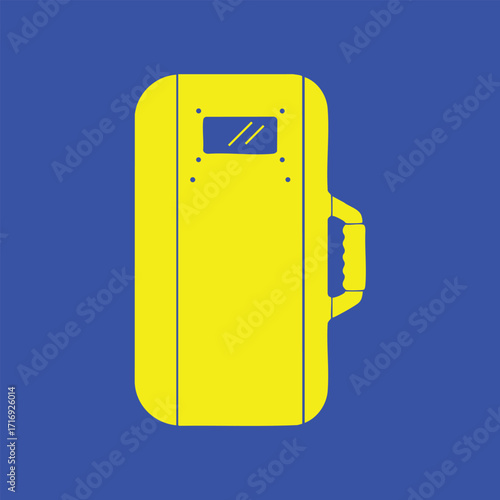 Bright yellow protective riot shield with handle and viewing window isolated on solid blue background