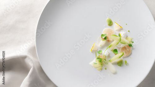 Fototapeta Naklejka Na Ścianę i Meble -  洗練されたミニマル美食プレート俯瞰 / Refined Minimalist Gourmet Plate Overhead
