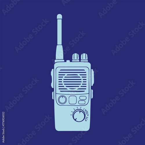Illustration of a handheld two-way radio communication device with antenna and control knobs on dark blue background
