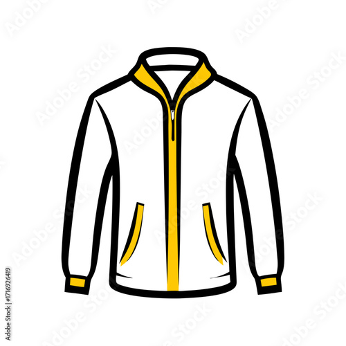 Front view of jacket with zipper and yellow accents, casual style