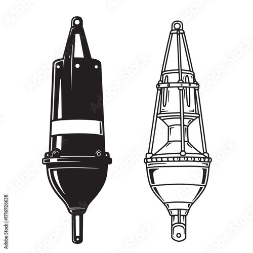Two classic vintage style nautical buoys black and white vector illustrations