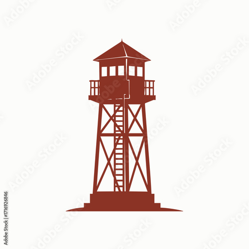 Illustration of a tall wooden watchtower with a ladder and enclosed observation deck on a plain background
