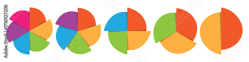 Colorful pie chart infographic for business data, marketing shares and financial analytics. 2, 3, 4, 5, and 6 parts