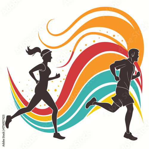 “Abstract running silhouette design: athletes in motion, particle dust trails, speed wave, marathon, sprint energy art for fitness branding, sports posters, health campaigns, and active lifestyle them