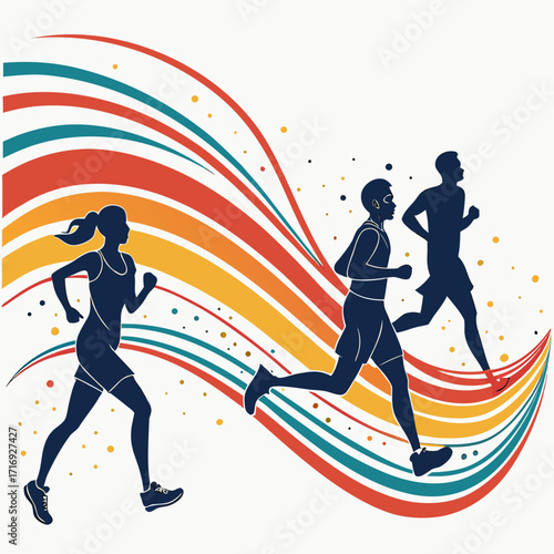 “Abstract running silhouette design: athletes in motion, particle dust trails, speed wave, marathon, sprint energy art for fitness branding, sports posters, health campaigns, and active lifestyle them