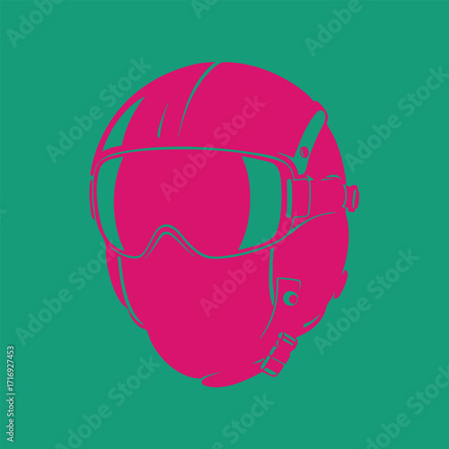 Stylized pink pilot helmet with goggles icon on a teal background representing aviation and safety equipment