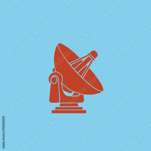 Red satellite dish antenna icon on blue background representing communication and signal technology concept