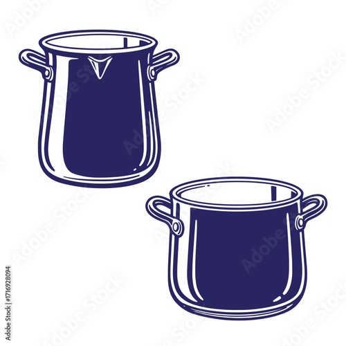 Two minimalist vector illustrations of cooking pots with handles on a white background