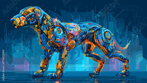 This visually stunning image showcases a sleek and vibrant robotic animal, its body composed of glowing mechanical parts. The metallic and neon hues of orange, blue, and purple, combined with digital 