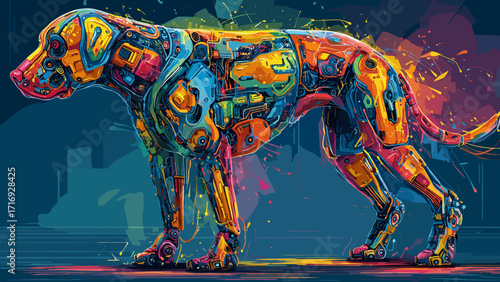 This visually stunning image showcases a sleek and vibrant robotic animal, its body composed of glowing mechanical parts. The metallic and neon hues of orange, blue, and purple, combined with digital 