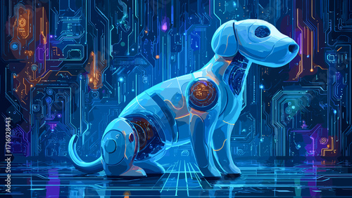 This visually stunning image showcases a sleek and vibrant robotic animal, its body composed of glowing mechanical parts. The metallic and neon hues of orange, blue, and purple, combined with digital 