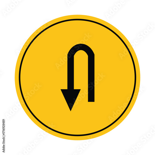 Yellow U-Turn Sign with Black Arrow on Isolated Background