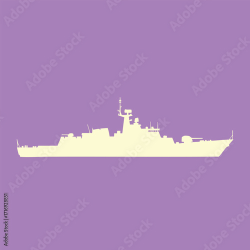 Silhouette of a modern naval warship with antennas and weaponry against a solid purple background