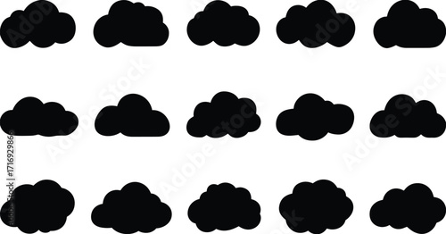 Cloud silhouette set, black sky icons, weather vector shapes, fluffy cloud design, cartoon style, simple illustration, atmospheric symbol collection