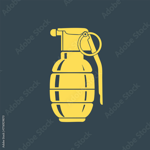 Yellow silhouette of a hand grenade with safety pin on dark blue background symbolizing explosive device concept