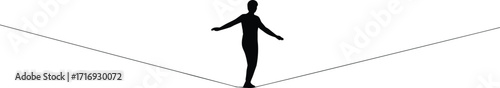 Tightrope walker silhouette balancing on rope, minimalist vector design, risk, balance, challenge, courage, black and white illustration, concept