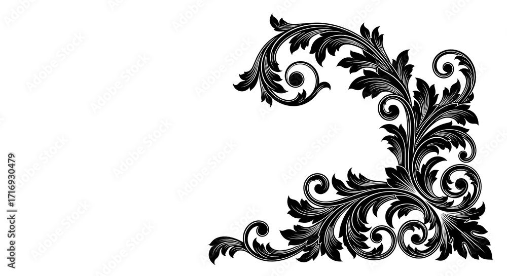 Fototapeta premium Ornate, black and white corner decorative design with leaf and scroll patterns.
