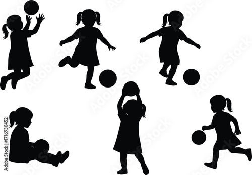 A set of six playful child silhouettes, depicting a young girl having fun and playing with a ball in various active poses on a white background.