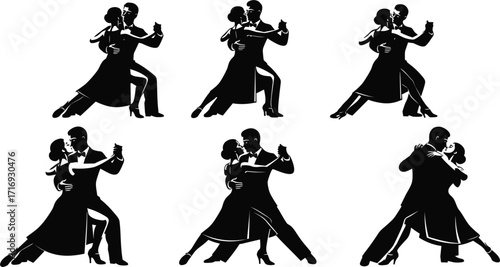A collection of six passionate tango dancer silhouettes, capturing the elegant and romantic poses of a couple dancing together against a white background.