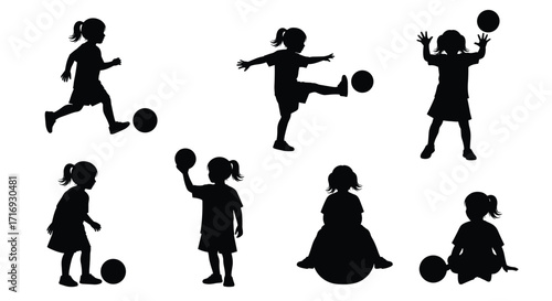 A set of seven active girl silhouettes, showing different poses of a child playing with a soccer ball and demonstrating various sports movements on a white background.