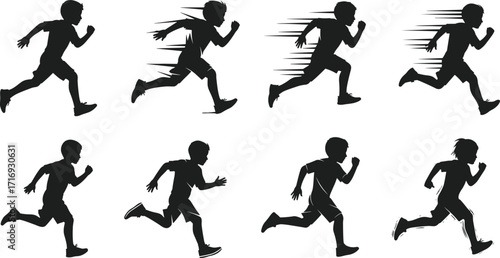 Young athlete's sprint silhouettes, capturing speed and motion, vector illustration set for fitness, sports, and health designs, dynamic running figures.