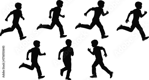 A set of seven energetic boy silhouettes in various running and jogging poses, depicting movement and an active lifestyle on a clean white background.