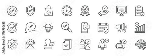 Set of collection line icons related checkmark, verified, approval. Editable stroke. Perfect pixel on transparent background