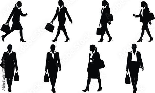 Successful professional businesswomen silhouettes walking and standing, with bags, set for corporate, finance, and career concepts, elegant and dynamic vector illustration.