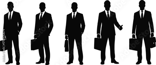 Powerful male business executives in suits holding briefcases, confident and professional, vector illustration set for corporate, finance, and career designs, diverse poses.