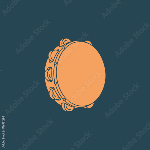 Illustration of an orange tambourine musical instrument with jingles on a dark blue background