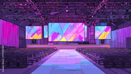 A captivating illustration of a modern fashion show venue, with vibrant lighting and bold geometric projections on the large screens. The runway is illuminated in shades of purple, pink, and blue, cre