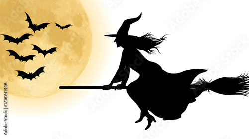 A witch is flying on a broomstick with a full moon in the background