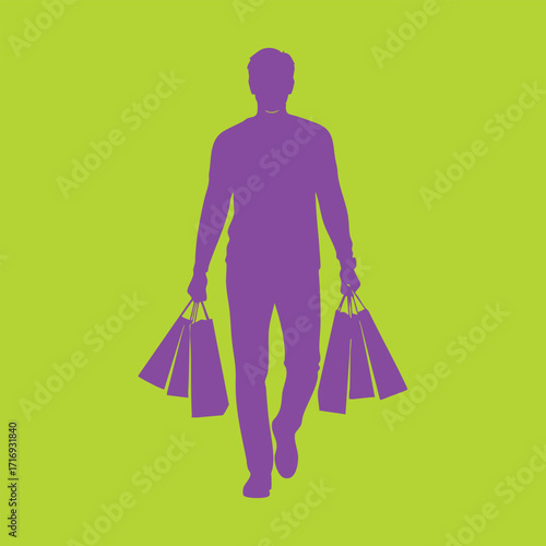 Purple silhouette of a person walking with multiple shopping bags against a bright green background in a minimalist style