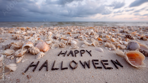 Happy Halloween Written in Haunted Beach Sand with Cinematic Lighting beside Dark Ocean Horizon and Waves