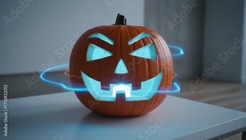 Halloween pumpkin decoration with glowing face indoor digital art