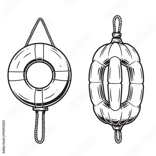 Vintage hand drawn illustration of lifesaver ring and nautical buoy isolated on white