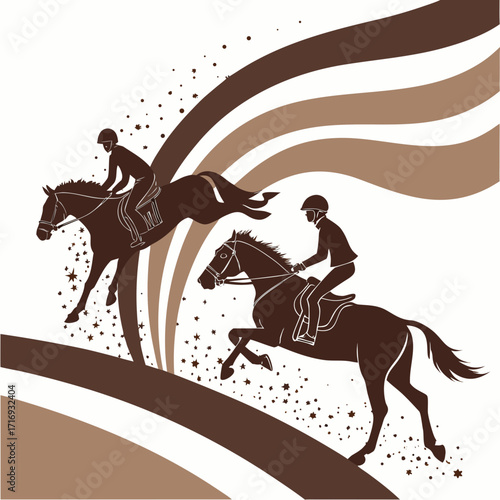 “Equestrian silhouette vector art: horse riders in motion, gallop, jump with dust splash particles, abstract wave design for sports branding, lifestyle posters, ranch themes, and equestrian competitio