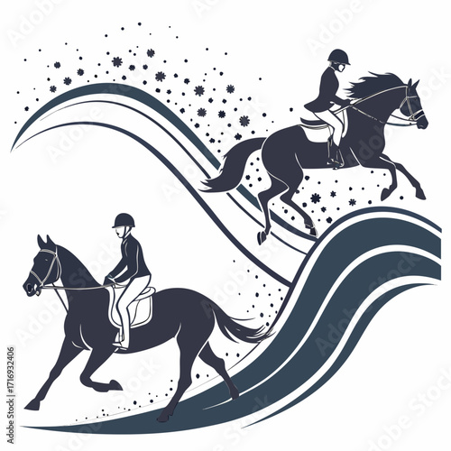 “Equestrian silhouette vector art: horse riders in motion, gallop, jump with dust splash particles, abstract wave design for sports branding, lifestyle posters, ranch themes, and equestrian competitio