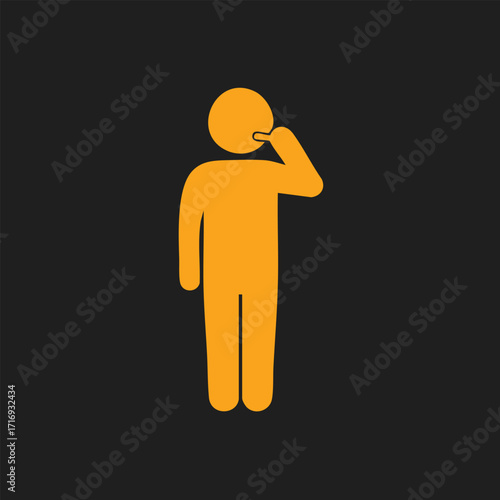 Orange human figure icon making a phone call gesture on a dark gray background representing communication