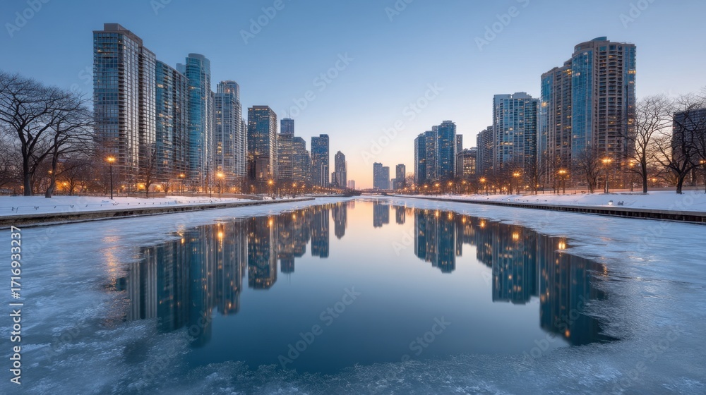 Obraz premium Serenity of Urban Reflections: A Frosty Winter Morning in Chicago with Skyscrapers Mirroring in the Icy Waters Beneath a Clear Blue Sky