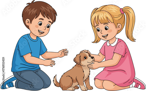 Happy boy and girl playing with cute puppy, children petting dog, kids friendship with pets, cartoon illustration, family fun activity