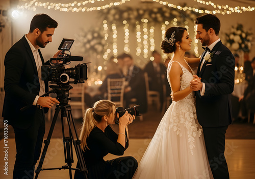 A video camera is filming the first dance of the bride and groom Selective focus Professional videographer and wedding photographer