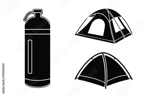 Black silhouette of a water bottle and two camping tents on a white background outdoor gear