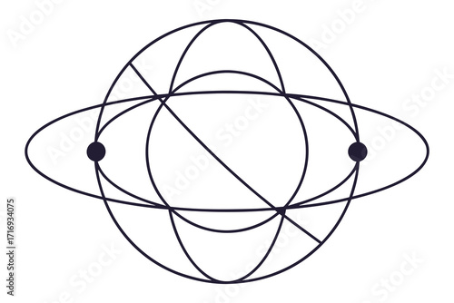 Dark purple abstract geometric orbits and spheres on white background celestial