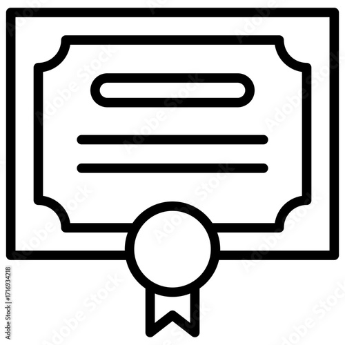 Certificate Outline Icon Design Vector - Certificate with ribbon, representing qualification, completion, and official recognition