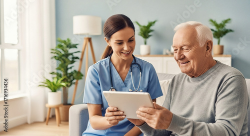 Dedicated healthcare professional offers personalized in-home care and digital assistance to an elderly man, promoting well-being, independence, and modern senior support.
