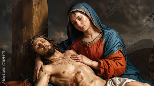 High detailed 3d art illustration of Blessed Virgin Mary cradling the dead body of Jesus Christ after his descent from the cross. Sixth sorrow religious concept.