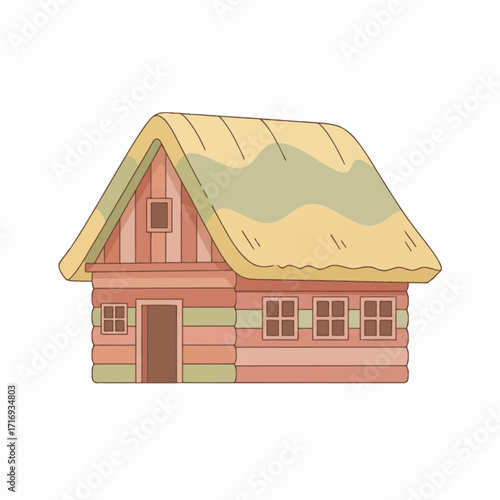 Clean and simple flat vector illustration of a classic country house. This isolated design features a thatched roof and wooden walls with a soft, pastel color scheme.