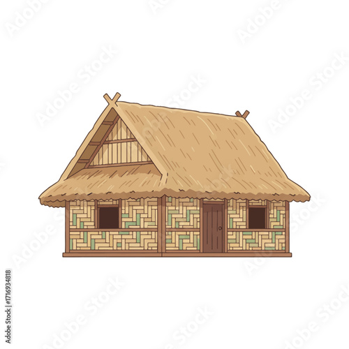 Aesthetic flat design of a rustic village house with a thatched roof. Minimalist and clean lines in an earthy color palette. Ideal for web, print, or app design.
