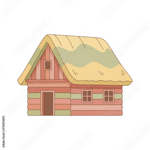 High-quality, scalable vector art of a traditional rural house. With a thatched roof and wooden walls, this clean, minimalist design is ideal for various merchandise.